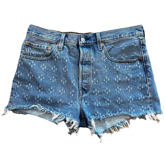 Levi's 501 High Rise Denim Jean Shorts Button Fly Fringe Dottie Blues Sz 30 - Picture 1 of 10